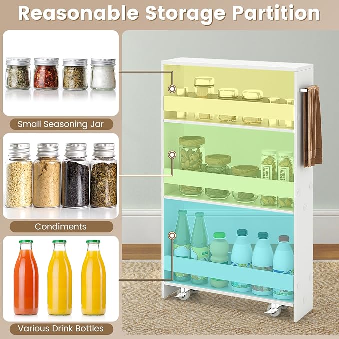 COSTWAY Slim Rolling Storage Cart, 4-Tier Rolling Utility Cart, Wood Kitchen Storage Cart with Handle & Wheels, Narrow Rolling Shelving Unit for Kitchen Bathroom Laundry Small Places (Plain White) - Image 5