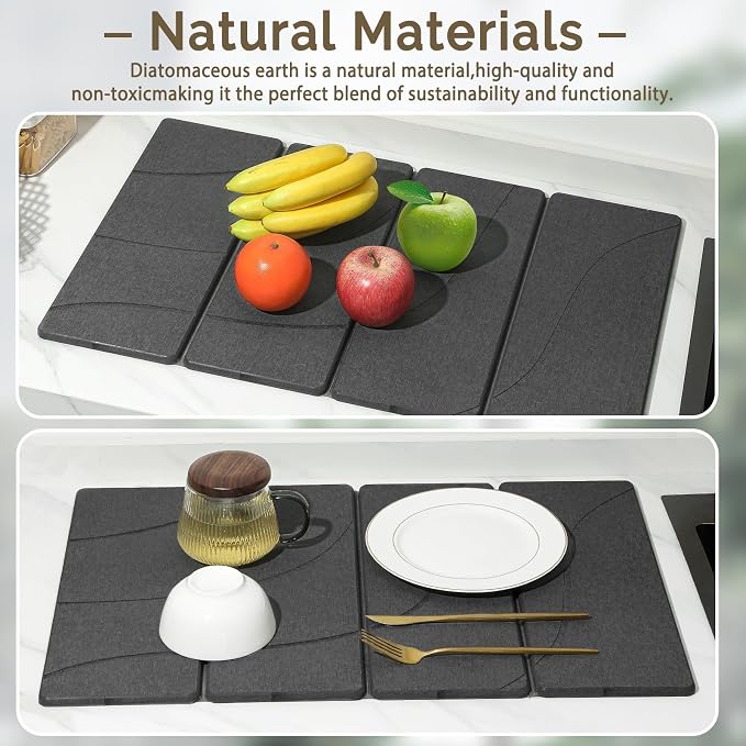 Large Stone Dish Drying Mat for Kitchen Counter, 2 PCS Quick Dry Stone Mats, Foldable Water Absorbing Diatomaceous Earth Drying Dishes Pad for Countertop Bottle Utensil Cup(Carved Gray 24"x16"&8"x4") - Image 8