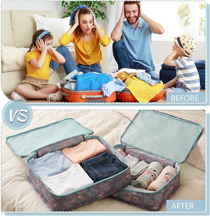 Silkfly 12 Pcs Packing Cubes for Suitcase Travel Luggage Bags Bulk Mesh Organizer Set for Hiking Camping(XL, L, M,Flamingos,Pink,Blue) - Image 6
