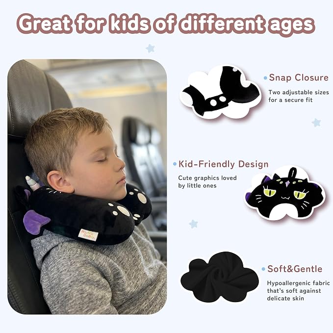 Kids Travel Neck Pillow for Ages 3-8, Memory Foam, Removable Cover, Cat | Machine washable, 13 in neck size, hidden zipper, 360-degree head and chin support, car seat and airplane use - Image 5