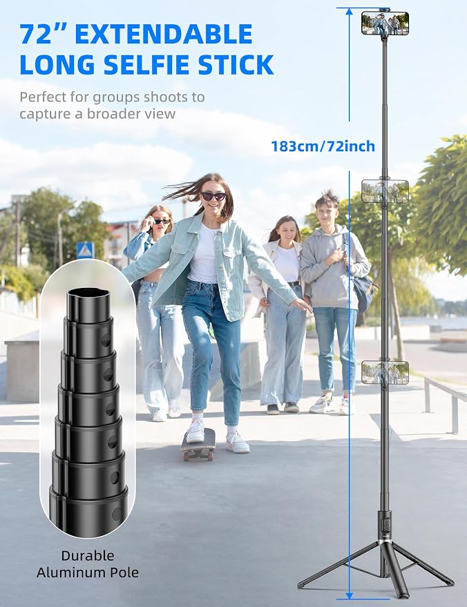 72" Cell Phone Selfie Stick Tripod, Aluminum Selfie Stick All-in-1 with Integrated Remote, Extendable Travel Smartphone Tripod Stand Compatible with iPhone 17/16/15/14/13/Android - Image 2