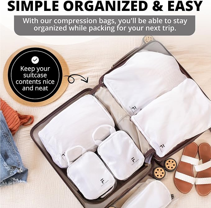 8 Piece Compression Packing Cubes Set - Double Capacity Design for Travel - Small, Medium & Large Sizes - Carry-On Suitcase Organizer Bags (White) - Image 5
