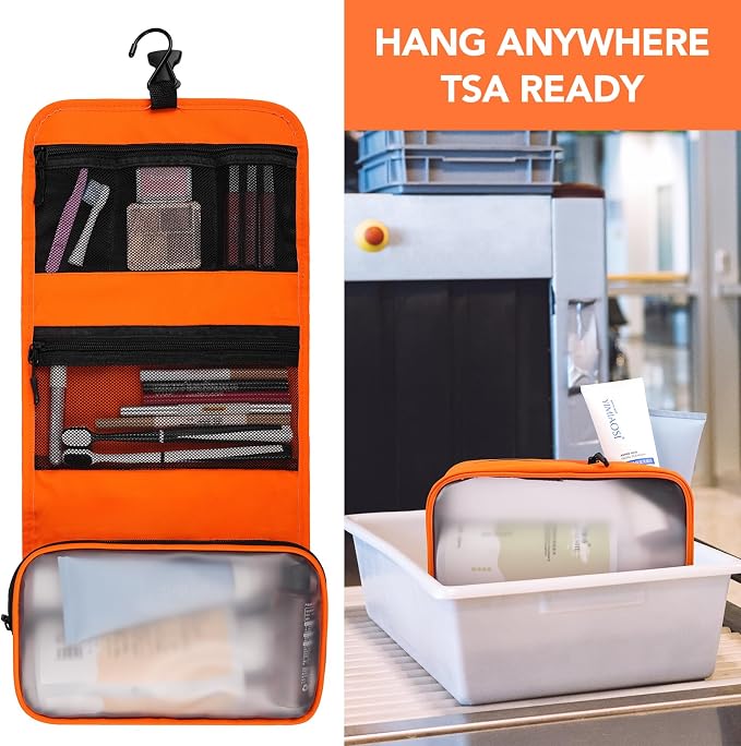5-Piece Travel Toiletry Bag for Women, Organize Toiletries & Cosmetics | Personal Travel Essentials, with Hanging Toiletry Bag, Clear Cosmetic Bag, Makeup Bag, Jewelry Case & Cable Pouch- Orange - Image 7