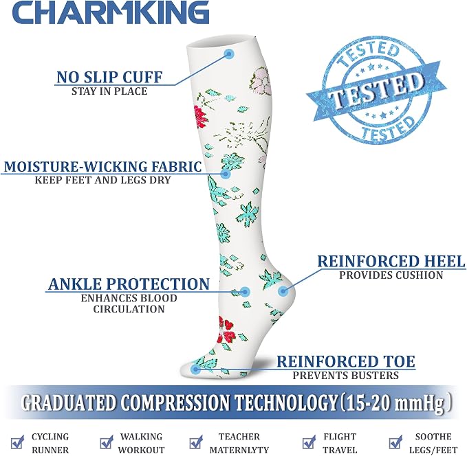 CHARMKING Compression Socks for Women & Men Circulation (8 Pairs) 15-20 mmHg Best Calf Socks Support for Athletic Cycling - Image 4