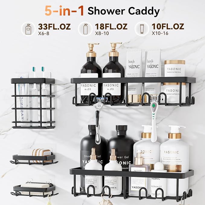 Shower Caddy Adhesive, Rustproof Shower Organizer, Wall Shower Rack | Large Capacity Shower Shelves for Inside Shower, Shampoo Shower Holder, Black, 2 Caddies, 2 Soap Dishes, 1 Toothbrush Holder - Image 2