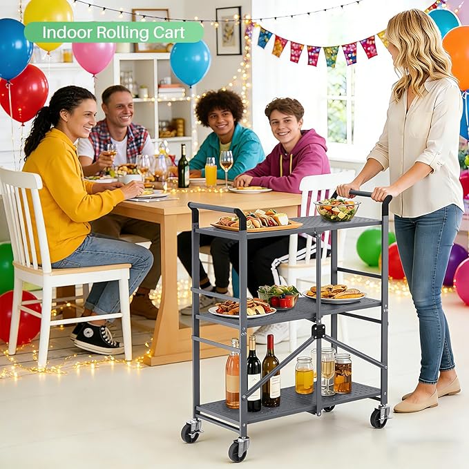 SNTD 3 Tier Rolling Cart, Metal Utility Cart on Wheels, Grey | Foldable Cart with wheels, Lockable Casters, Storage Cart for Kitchen, Office and Garage, Easy and Quick Assembly - Image 2