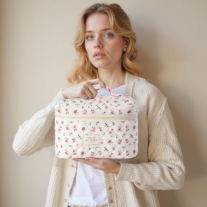 HBselect Quilted Makeup Bag, 3Pcs Cotton Large Travel Makeup Bags Organizer | Cute Floral Make up Bag Cosmetic Bag Toiletry Bag for Women Girls, Makeup Pouch for Skincare, Brushes & Travel Essentials - Image 7