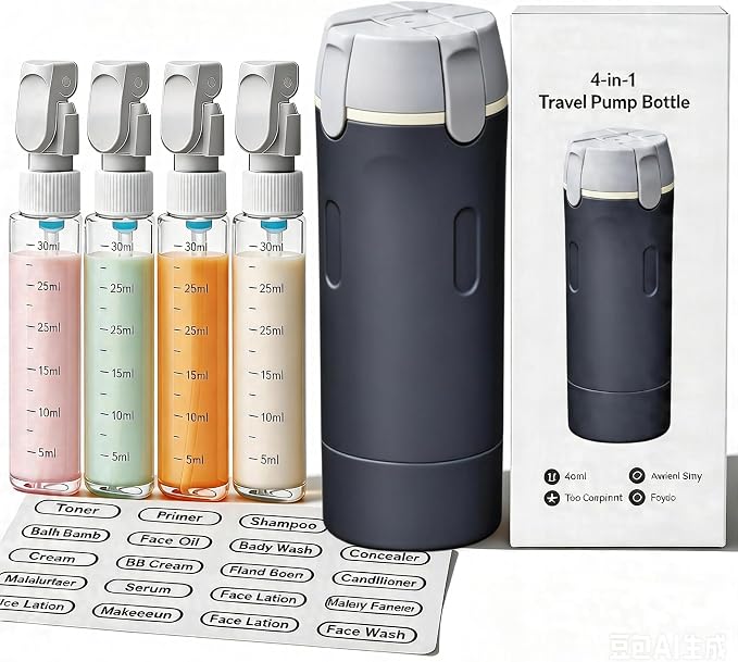4 in 1 Travel Dispenser Bottle,4 Pack 30ML Travel Bottles for Toiletries, Leak Proof Travel Size Containers (Black, OneSize) by Unknown