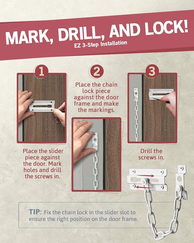 Jack N'Drill 2 Pack Door Chain Lock, Exclusive Chain Door Lock with Extended Chain Length, 100% Child Proof Safety, Heavy Duty Chain Locks for Inside Door and Extra Front Door Lock (White) - Image 4