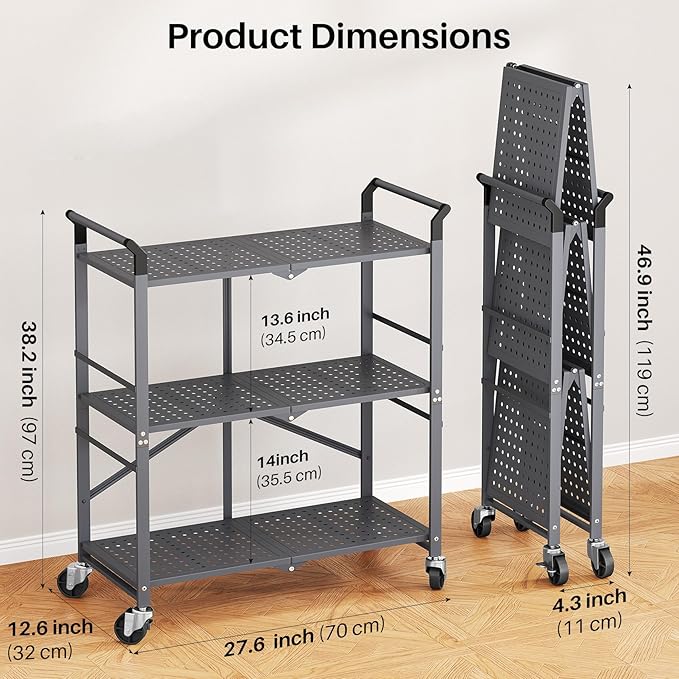 SNTD 3 Tier Rolling Cart, Metal Utility Cart on Wheels, Grey | Foldable Cart with wheels, Lockable Casters, Storage Cart for Kitchen, Office and Garage, Easy and Quick Assembly - Image 4