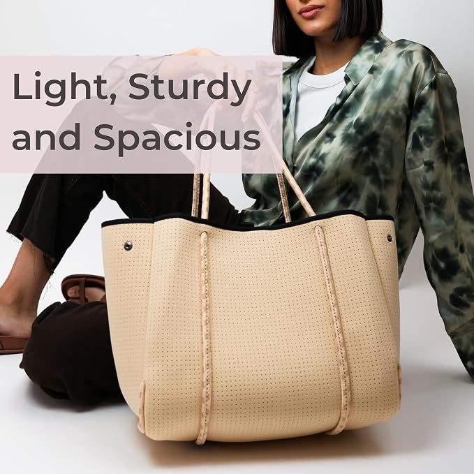 POPUPS Large Neoprene Tote Bag for Women - Everyday Designer Handbag for Travel Work and Beach with Pockets and Zipper Pouch - Image 8