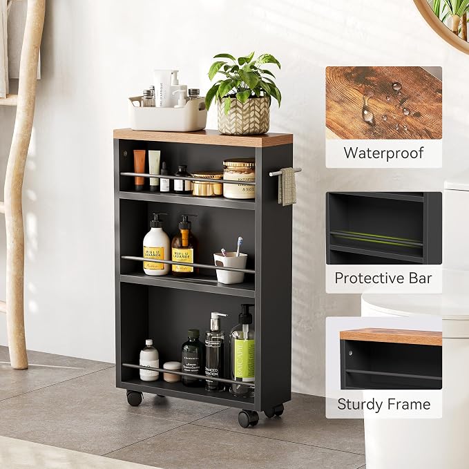 LITTLE TREE Slim Rolling Storage Cart, 3 Tier Snack Cart with Wheels for Kitchen, 6.3 Inch Wide Bathroom Organizer Shelves, Wooden Utility Cart for Laundry Room, Black - Image 6