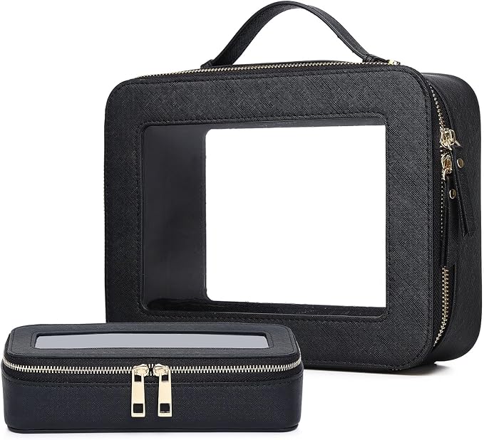 Pinkmik Clear Makeup Bag with Brush Bag, (Black, L+SLIM) | 2pcs, Waterproof, Travel Case for Cosmetics and Toiletries, Women's Cosmetic Organizer, with Zipper by Pinkmik