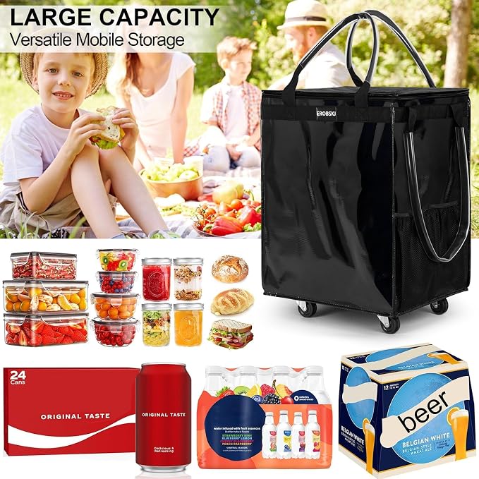 (Medium,Black) Reusable Grocery Bag on Wheels, Foldable Rolling Tote Bag | 70L Shopping Trolley, Zipper Clouser Shopping Carts for Groceries, Laundry, Camping, Moving, 4 Heavy Duty Wheels - Image 5