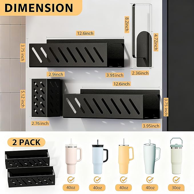Magnetic Stanley Cup Holder 2-Pack, 6 Tumblers, Lid & Straw, Black | 2-pack magnetic holder for 6 Stanley 30/40 oz tumblers with accessories storage. Secure fridge mount, black. - Image 3