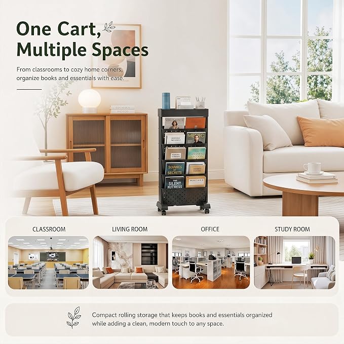 BYFU 6-Tier Rolling Bookshelf Cart, Black | Movable with Wheels, File Paper Storage Organizer, For Home Office Study Classroom - Image 5