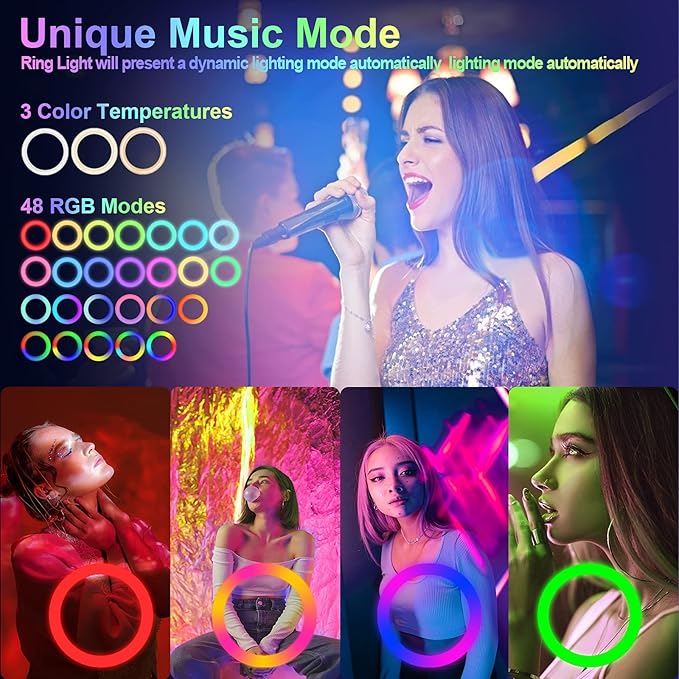 13" Selfie Ring Light with 76" Tripod Stand & 3 Phone Holder, LED Camera Ringlight with 48 RGB Colors Modes & Musical Rhythm Mode and 12 Brightness Dimmable for Makeup/Photography/Videos/Vlog/TikTok - Image 3