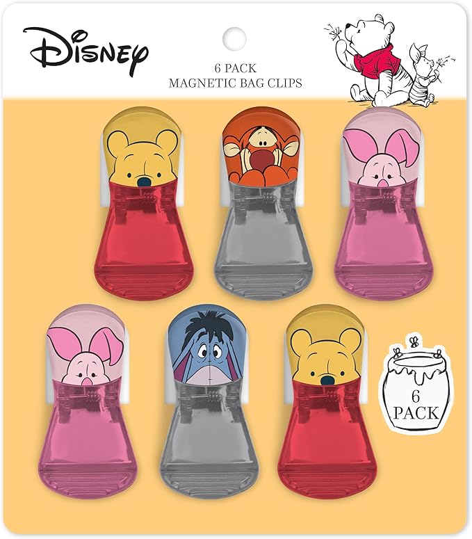 Disney Winnie the Pooh Magnetic Chip Clips, Set of 6 | Airtight food storage bag clips for snack, cereal, and coffee bags, great for pantry and fridge, magnet displays kids artwork by BestBrands