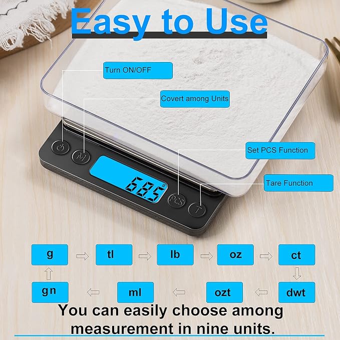 Digital Food Kitchen Scale Upgraded, YONCON 3000g/0.1g High Accuracy Mini Pocket Scale Measures in Grams and oz for Cooking, Baking, Jewelry, Tare Function,2 Trays, LCD Display (Batteries Included) - Image 6