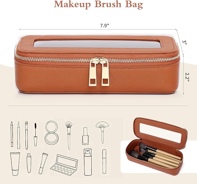 Pinkmik Makeup Brush Case, Brown, Slim | Clear Travel Cosmetic & Toiletry Bag, Small with Zipper, Purse Organizer, Car Essential Bag for Women - Image 2
