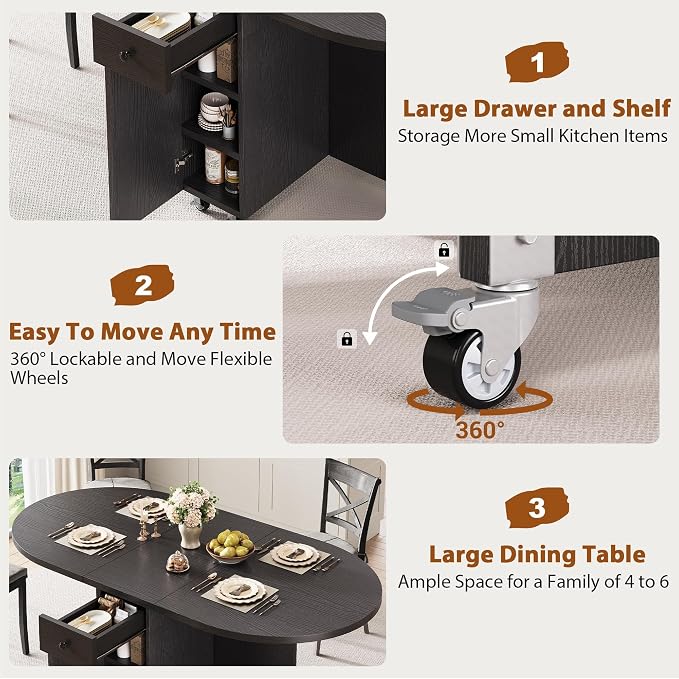 Jocoevol Round Folding Dining Table for 4, Space Saving Drop Leaf Kitchen Table with Storage Drawer, 6 Wheels Oval Gateleg Foldable Dining Table for Small Spaces(Black 47 * 23.6 * 30) - Image 7
