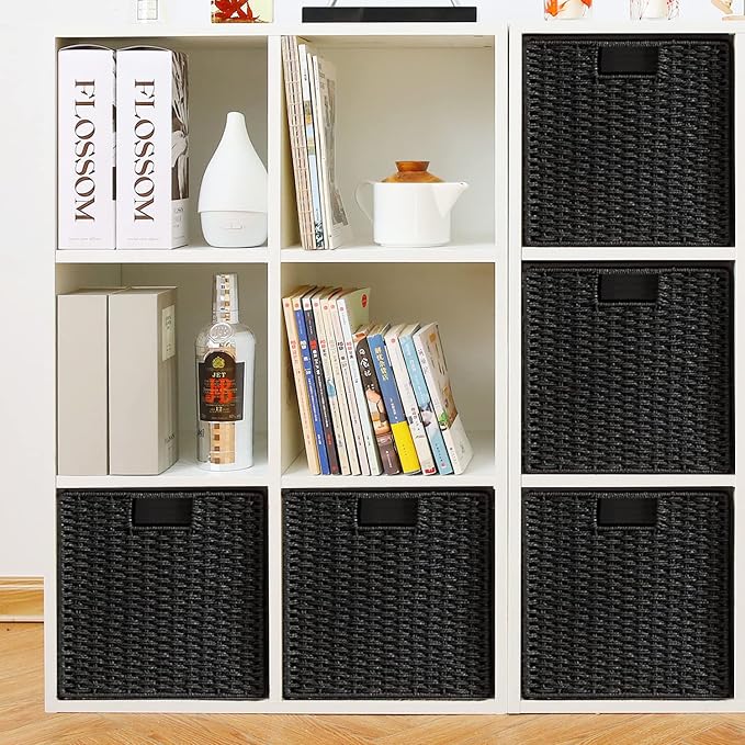 Wicker Basket, Set of 2 Woven Storage Baskets for Shelves, Foldable Cube Storage Basket Bins with Handles, 9 inch Small Storage Baskets for Organizing Pantry Bedroom, Black - Image 8