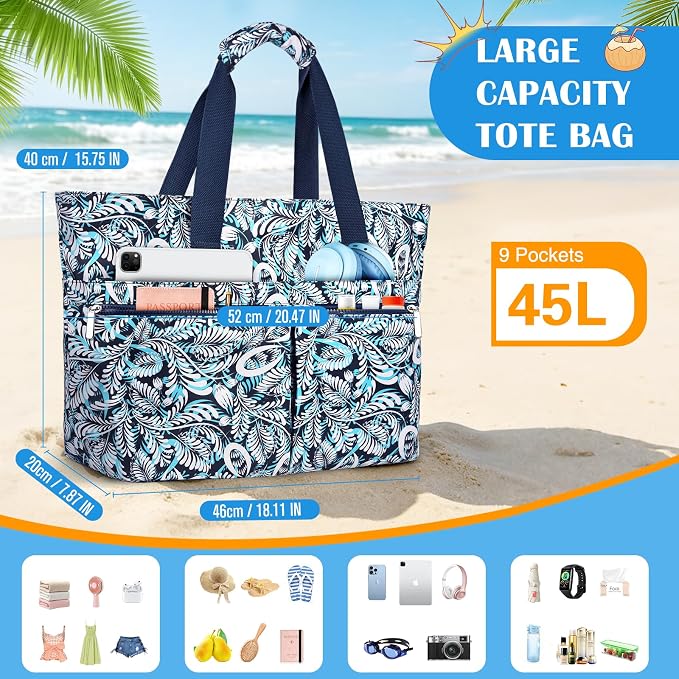 HUANLANG Large Beach Bags for Women Pool Bag with Zipper, Waterproof Sandproof Beach Tote Travel Bag with Wet Pocket - Image 7