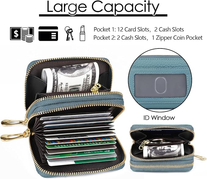 imeetu RFID Credit Card Holder, Small Card Wallet Women, Leather Card Case | Genuine Leather Women's Card & id Cases, Change Coin Purse with Zipper Keychain id Window, 20 Colors & 3 Styles, Daily, Gifts - Image 3