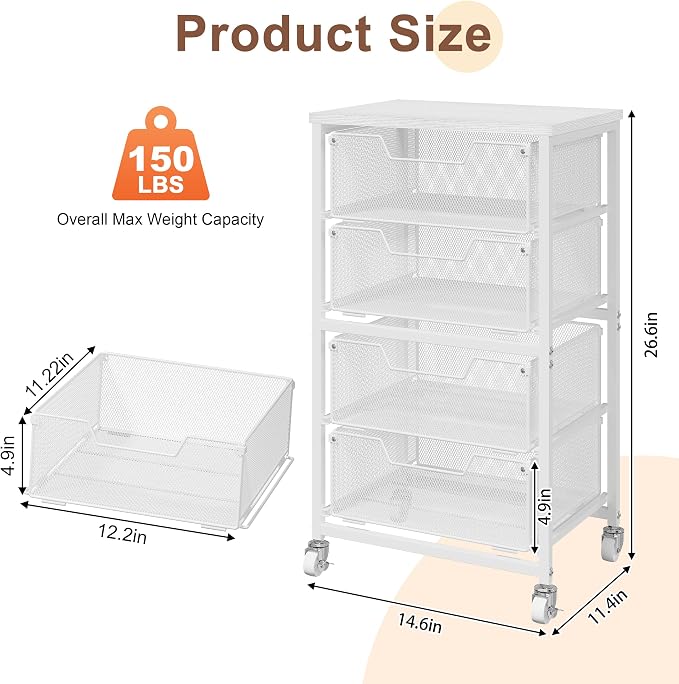 4-Drawer Rolling Storage Cart, Utility Cart with Drawers, White Metal Craft Cart Organizer with Wheels & Wooden Top, Art Supply Storage Organizer for Classroom, Office, Kitchen,Patent Pending - Image 3