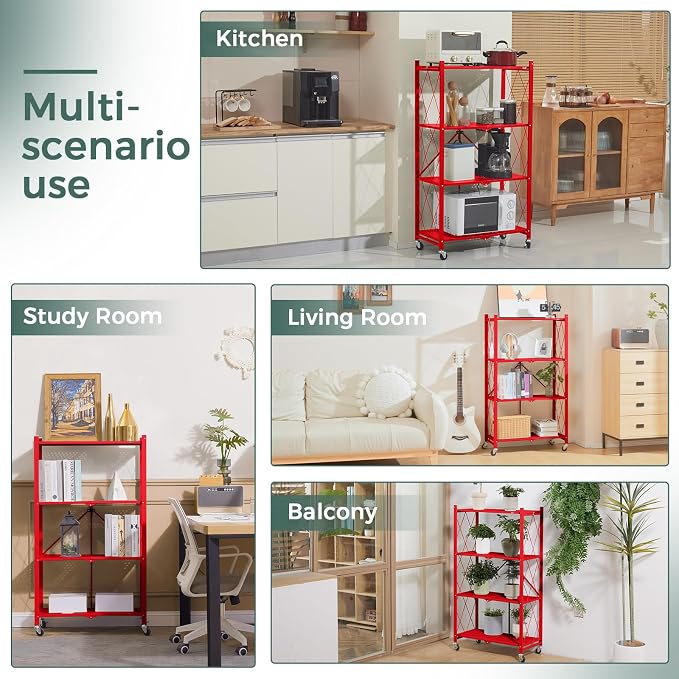 DEANIC 4 Tier Foldable Storage Shelves with Wheels, Large Capacity Shelving Unit, Freestanding Metal Wire Shelf Rack, No Assembly Organizer Rack for Garage Kitchen, Basement, Pantry(Red Pack of 2) - Image 3