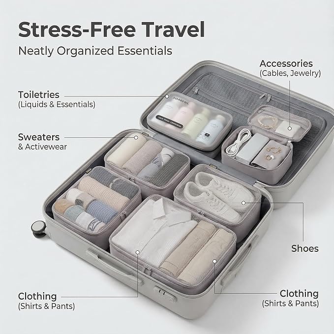 6 Set Compression Packing Cubes for 7–14 Day Travel, Misty Silver | Nylon Oxford Fabric, Full Breathable Mesh, Reinforced Double-Zipper, Small to Large Size Bag, Expandable Packing System - Image 6