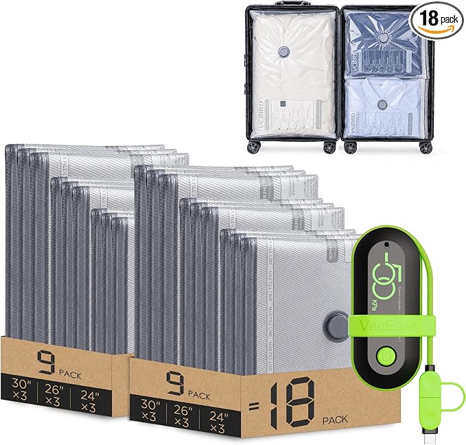 Vacbird Travel Vacuum Bags with USB Electric Pump, 18 Pack Vacuum Bags for Travel, Compression Vacuum Packing Bags for Luggage & Suitcase, Space Saving Travel Bags for Clothes and Clothing,Carry-On | Compression Vacuum Packing Bags, For Luggage & Suitc... by Vacbird