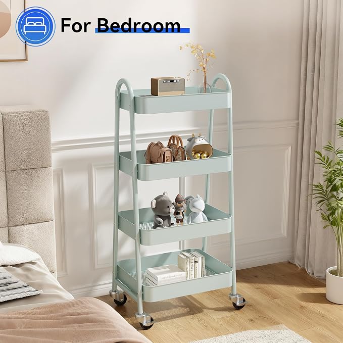 OLIXIS Metal 4 Tiers Rolling Storage Utility Cart with Lockable Wheels | Mobile Organizer Shelf, Space-Saving, Freestanding, Bathroom, Living Room, Slim, Narrow Corner Spaces, Green - Image 7