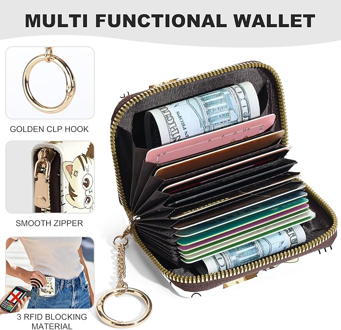 Credit Card Holder for Women,Small Rfid Wallet with Keychain Zipper,Cute PU Leather Card Case Wallet，Accordion Credit Card Wallets Gift,Angry Cat - Image 2