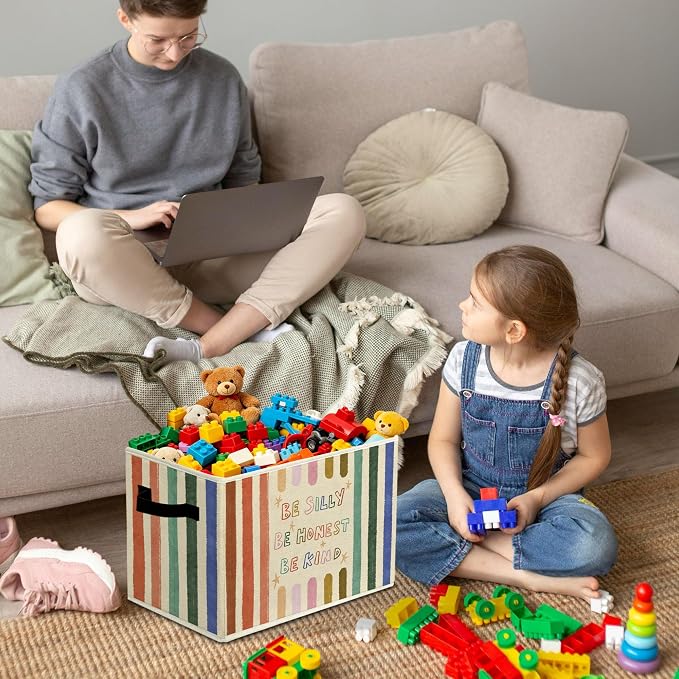 Rustic Inspirational Storage Bins & Boxes with Handles, Toys Books Clothes, Be Silly Honest Kind Colorful Striped Nursery Foldable Basket for Organizing Bedroom Toddler Room Playroom - Image 4