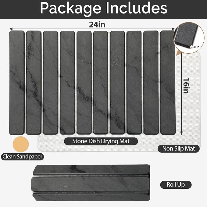 Large Stone Dish Drying Mat for Kitchen Counter, Quick Dry Stone Dishes Mats, Foldable Water Absorbing Diatomaceous Drying Pad for Countertop Bottles Utensils Cups Bathroom (Dark Gray 24"x16") - Image 2