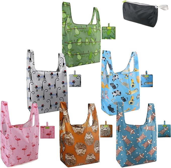 BeeGreen Animals Lover Gifts for Women Animals Reusable Grocery Bags Shopping Bags Bulk 6 Pack 50LBS X-Large Foldable Hedehog Cats Dogs Frog by BeeGreen