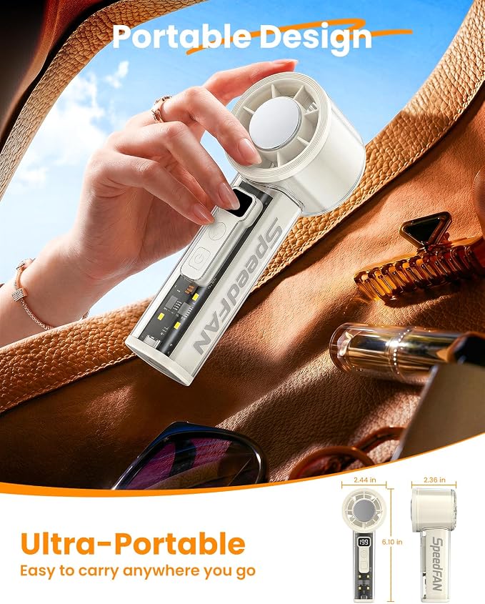 Portable Handheld Turbo Fan, 5-Speed Adjustable USB-C Rechargeable with LED Digital Display & 4-Mode Flashlight, Lightweight Personal Fan for Travel/Camping/Indoor Use, White - Image 8