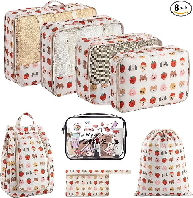 8 Set Packing Cubes for Travel with Clear Toiletry Bag, Durable Luggage Packing Organizers, Carry-On Accessories, TSA Approved See-Through Cubes, Space-Saving Storage Bags, Gifts for Women by BLINGCOOL
