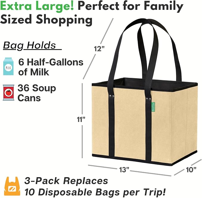 Reusable Grocery Bags (3 Pack) – Heavy Duty Reusable Shopping Bags for Groceries with Box Shape to Stand Up, Stay Open, Fold Flat – Large Tote-Bag is Foldable with Long Handles & Hard Bottom (Beige) - Image 4