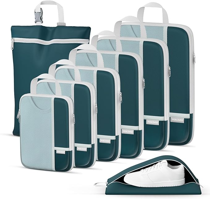 Percover Compression Packing Cubes for Travel, 8-Piece Structured Compression Organizer Set with Laundry Bag & Shoe Bag for Carry-On & Checked Luggage, Peacock Green by Unknown