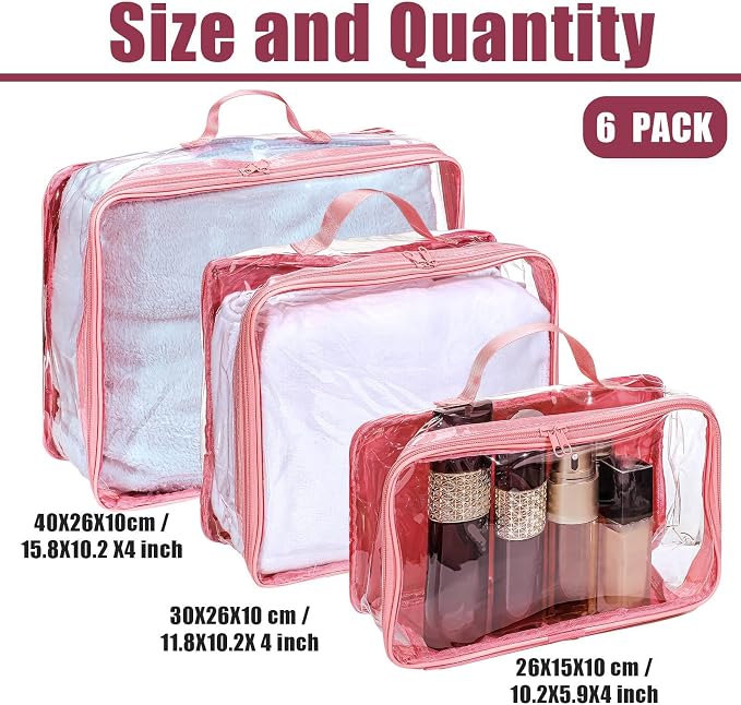 Hillban 6 Pcs Pink Large Clear Travel Packing Cube 3 Sizes See Through PVC Organizer for Suitcase Multipurpose Pouch with Handle Vinyl Zippered Storage Bags Luggage Cube Organizer - Image 2