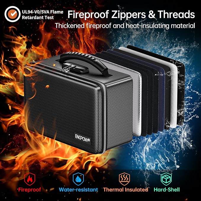 ENGPOW Fireproof Money Box with Lock & Heat-Resistant Fireproof Zipper | 6400°F 12-Layer Fire Protection,Small Hard Case with Multi-Pocket,Portable Home Chest Safe Storage for Money, Jewelry, Black - Image 2