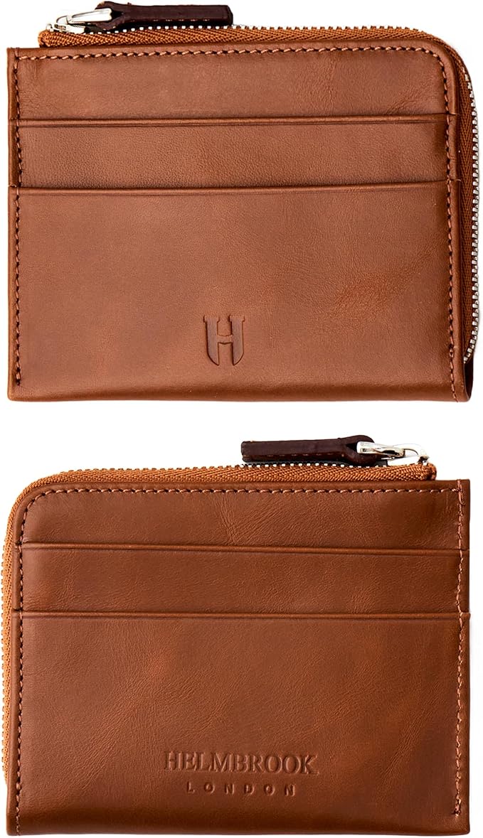 RFID Blocking Zipper Wallet, Slim Business Card Holder, Men & Women, Handcrafted Full-Grain Leather, Gift Box & Pouch, Christmas & Birthday, Tan by HelmbrookLondon