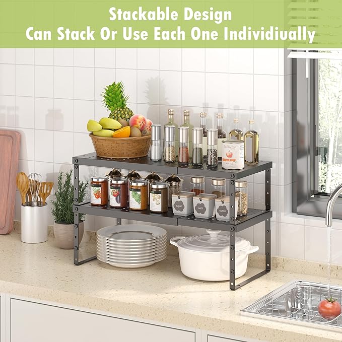RUILALIFE Expandable Cabinet Organizer Shelf With Adjustable Height, Stackable Kitchen Countertop Organizer Rack, Adjustable Shelf Riser For Kitchen Counter, Pantry, Cupboard, Desk, Tabletop - Image 3