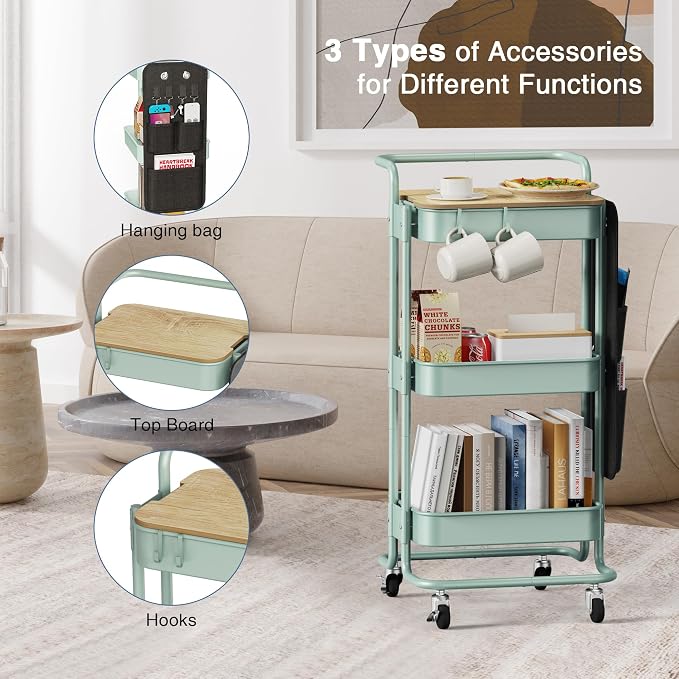 DTK 3-Tier Rolling Cart with Table Top, Metal Utility Cart with Side Bags | Tray Storage Organizer, Lockable Wheels, 4 Hooks, Art Cart for Kitchen, Bathroom, Office, Craft room, Living room, Green - Image 5