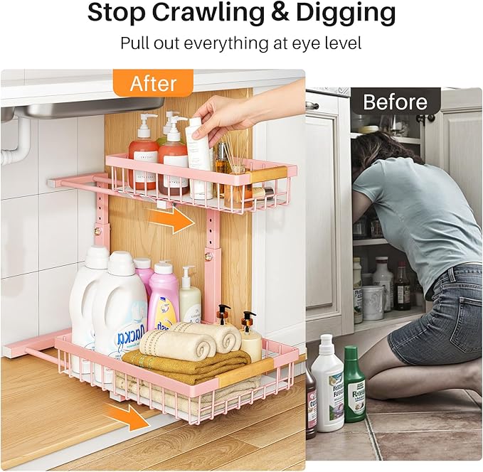 PXRACK Under Sink Organizer, Adjustable Height, 2 Tier Pull Out Under Cabinet Organizer, Slide Out Thickened Metal Under Sink Storage for Kitchen Bathroom Laundry Pantry Cabinet, Pink, Large-1-Pack - Image 3