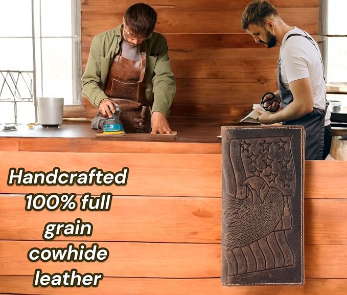 F&L CLASSIC Men's RFID Vintage Look Genuine Leather Long Bifold Wallet Checkbook Wallets,brown eagle flag,240-101 - Image 5