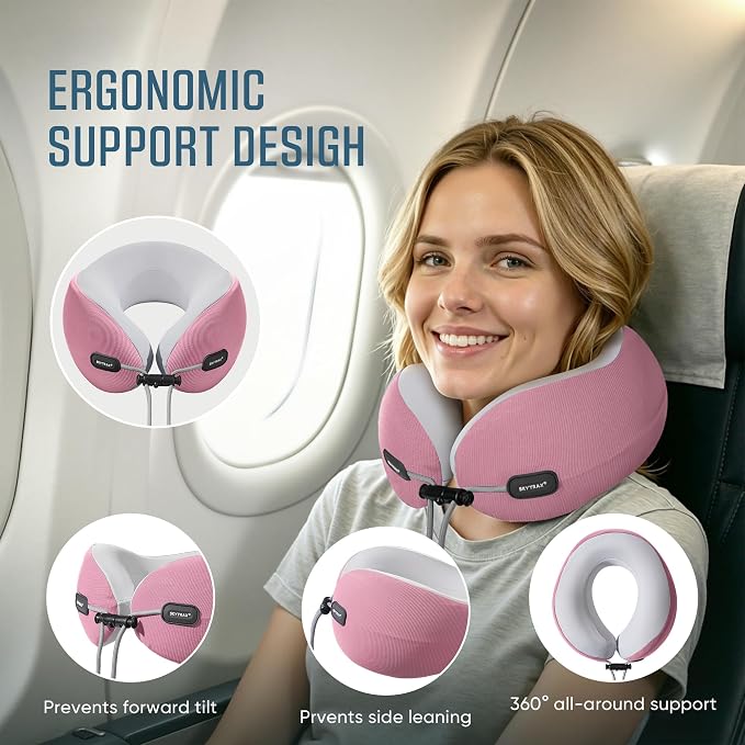 Premium Travel Neck Pillow Cooling Ice Silk Memory Foam Cervical Pillow for Airplane & Long Flights, Ergonomic Neck Support for Sleeping & Pain Relief, Washable Cover, Compact Carry Case (Pink) - Image 4