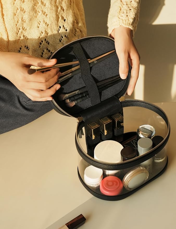 Travel Makeup Bag Clear Compact Make Up Vanity Case with Brush Storage and Top Handle, Toiletry Makeup Case Traveling Leather Cosmetic Bag, Portable Medium Large Sized Train Case, Black - Image 6